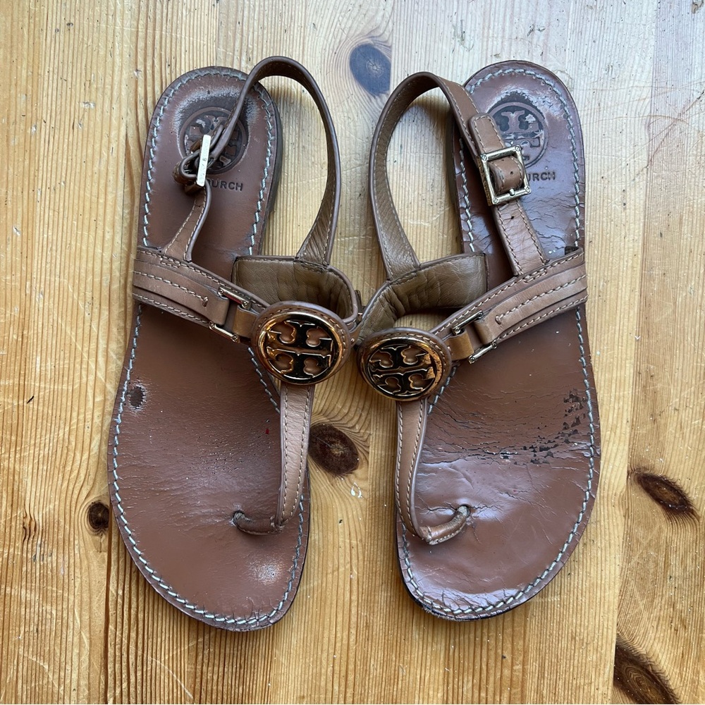 Tory Burch Cassia Women's 9 Brown Leather Everly T-Strap Flat Thong Sandal
